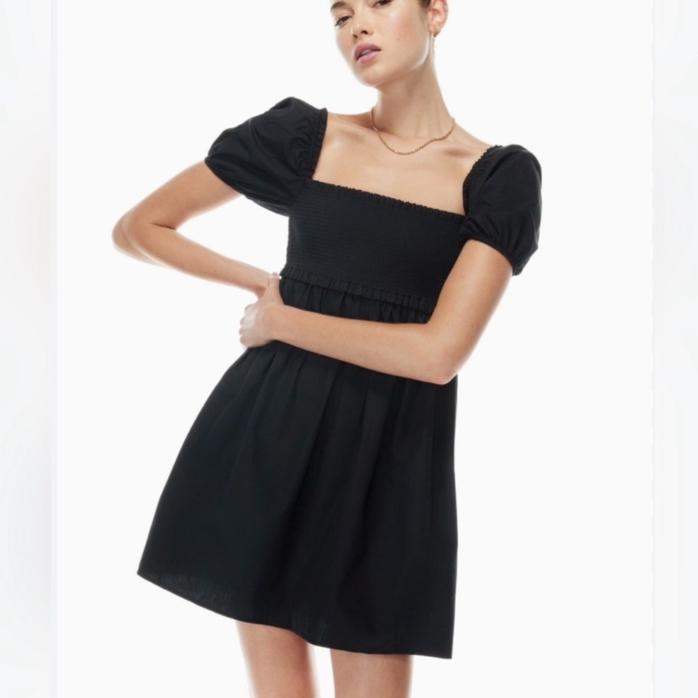 Aritzia Sunday Best Black Smocked Square-Neck Mini Dress